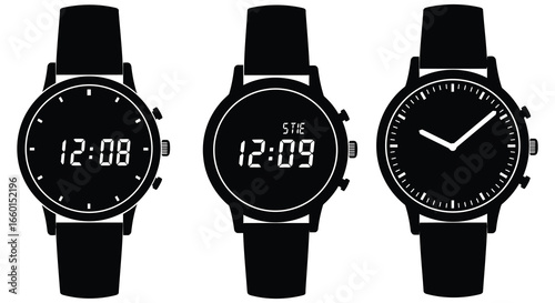 Three black watches with different display styles on white background