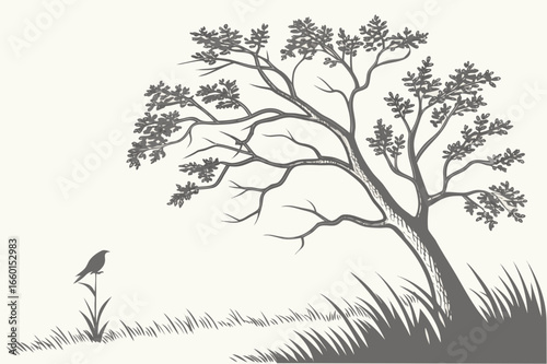  Lone Bird on a Stem with Tree - Detailed Vector Illustration