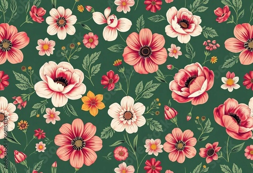 Hand-drawn retro floral seamless pattern; vintage botanical blooms, flat style, beautiful flowers, fabric print, wrapping paper, design element, surface pattern