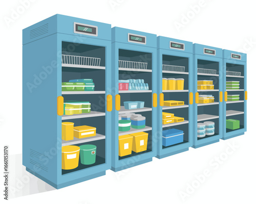 Isometric view of multiple industrial refrigerators filled with containers and boxes for efficient cold storage management and inventory control illustration
