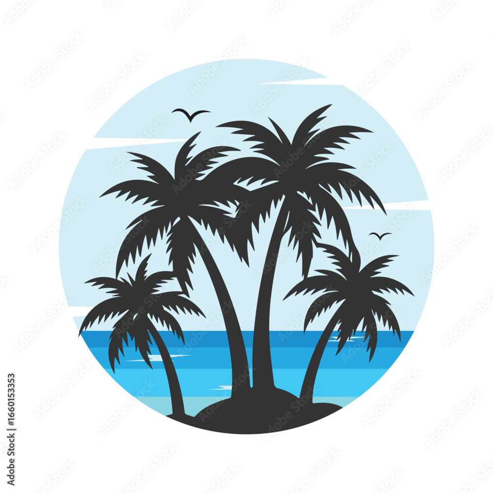 Obraz premium Summer Beach Logo Pack with Palm Trees and Sunset – Tropical Holiday Vector Illustration 