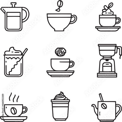 Dalgona Coffee black Line Editable Icons set
