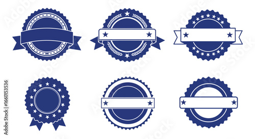 Collection of blue award badges and seals with ribbons and stars for recognition