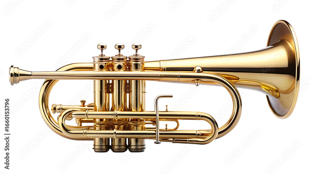 Obraz premium Shiny brass cornet musical instrument on a black background
