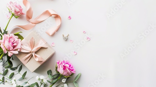 Romantic Valentine's Day Composition: Fresh Flowers and Elegant Jewelry Gift Box Arranged on a Clean White Background, Featuring Red Roses, Sparkling Necklaces, and Decorative Ribbons, Perfect for Hol