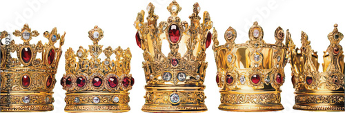 Five Ornate Gold Royal Crowns with Red and Clear Gemstones on White Background royalty golden