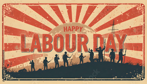 Retro Labour Day Celebration Design with Sunburst Background