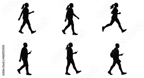 Silhouettes of a woman walking in various poses and directions on white background