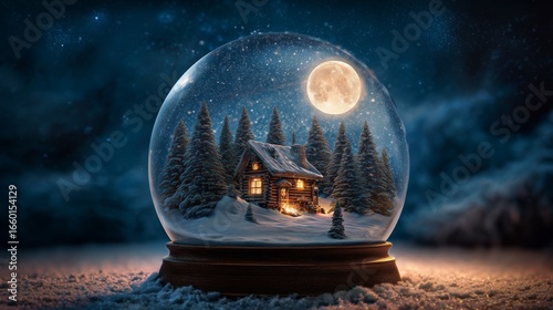 Snow Globe with Rustic Cabin and Winter Forest under Full Moon