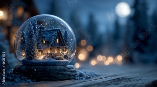 Snow Globe with Rustic Cabin and Winter Forest under Full Moon