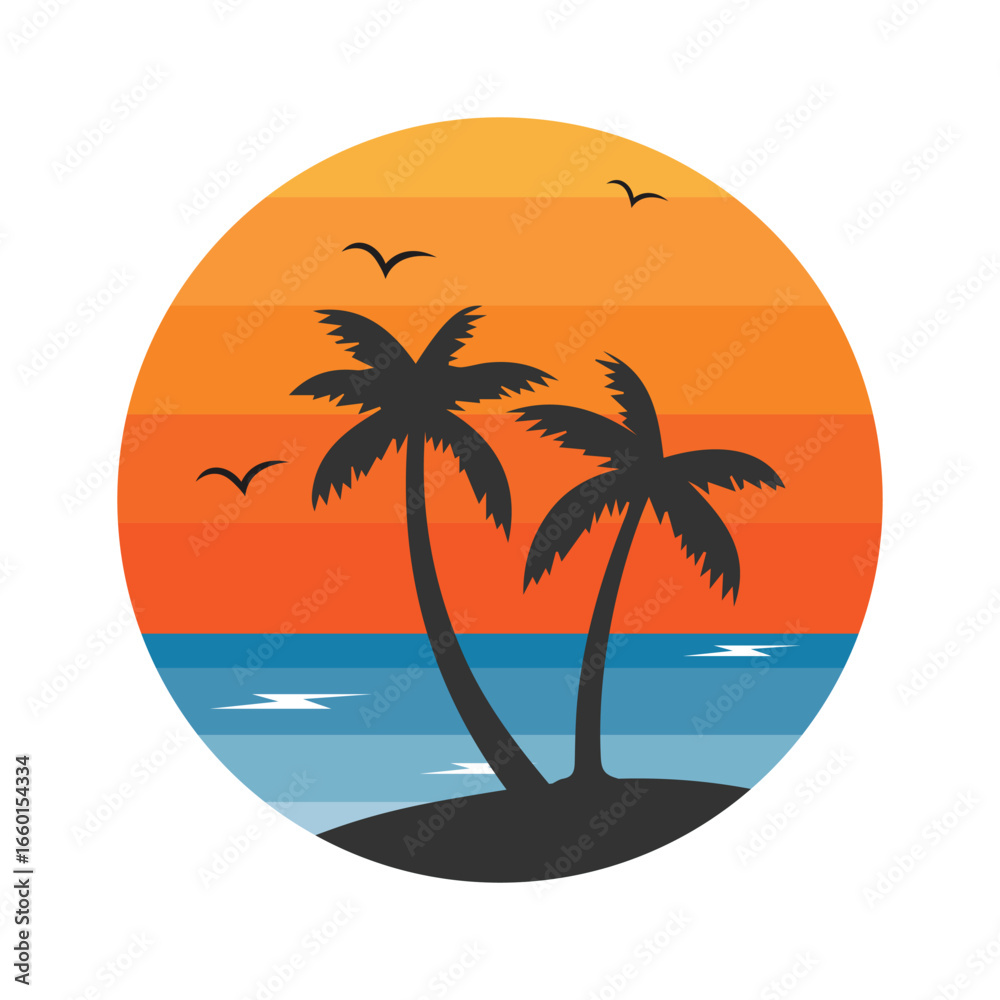 Fototapeta premium Summer Beach Logo Pack with Palm Trees and Sunset – Tropical Holiday Vector Illustration 