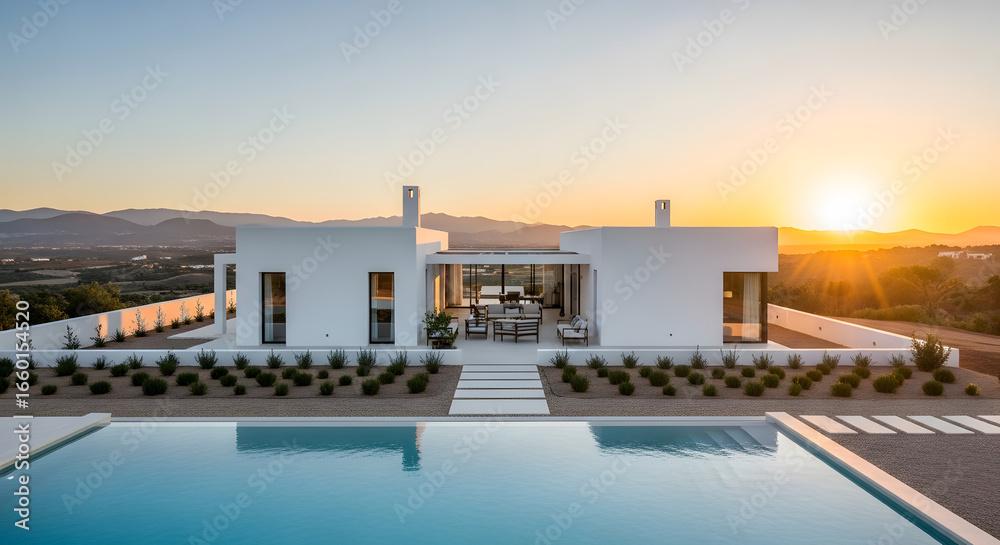 Obraz premium Modern villa with pool at sunset, luxury home exterior design concept