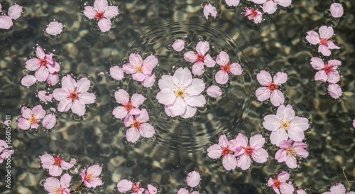  A peaceful and beautiful spring-themed background. Floating sakura petals on water symbolize renewal, tranquility, and the transient beauty of nature, inspired by Japanese aesthetics. 