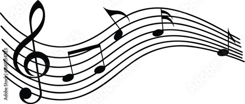 Elegant flowing musical staff with treble clef and black musical notes creating a dynamic wave pattern symbolizing melody and harmony