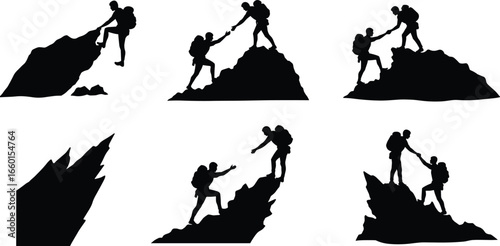 Mountain climbers silhouettes, teamwork, and partnership in nature, hiking adventure, vector illustrations of climbers reaching summit, rock climbing icons