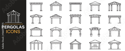 Icon set featuring different pergola designs for creating stylish outdoor spaces.