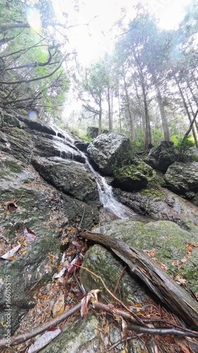 岐阜県関市の雪が降る中　流れ落ちる美しい滝