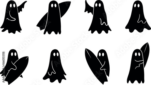 Collection of eight spooky black ghost illustrations isolated on white background