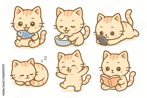 Cute Cartoon Cat Stickers Daily Activities Set Kawaii Kitten Illustrations