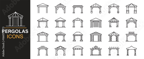 A variety of pergola icons with diverse roof styles, perfect for landscaping and outdoor decor.