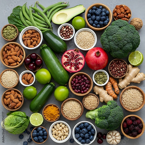 An assortment of colorful superfoods like pomegranates, broccoli, and almonds on a gray background.
