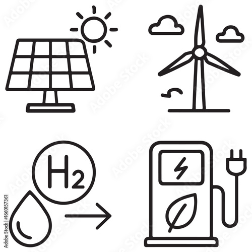 Renewable energy and low emission sustainable power system line icon set including solar, wind, hydrogen and EV charging. vector