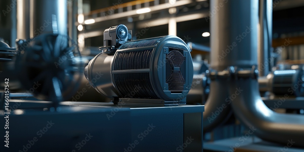 Fototapeta premium A close-up of a ventilation unit in a steel factory, focusing on its motor and filter components. The system ensures clean air and cooling for the factory environment.