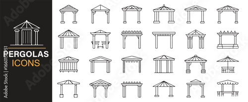 Pergola design icons with different roof and pillar styles for landscaping and outdoor spaces.