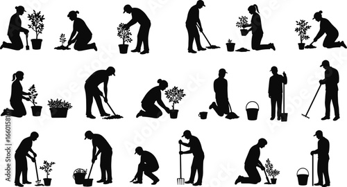 Gardening vector illustration of people planting, watering, and digging plants, silhouette design of outdoor garden work, growing organic vegetables, gardening tools