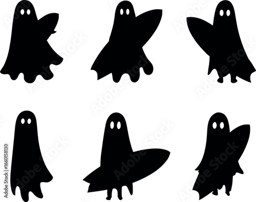 Six silhouetted ghosts holding surfboards isolated on white background