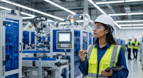 Latin Female Industrial Engineer Inspecting Modern Factory Machinery and Monitoring Production with Tablet, Automation Technology and Manufacturing Process Control in Advanced Industrial Plant