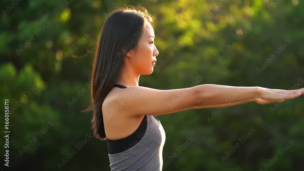 Young Asian Woman Practicing Yoga Outdoors at Sunrise, Embracing Health and Wellness Amidst Nature's Serenity Young Asian Woman Practicing Yoga Outdoors at Sunrise, Embracing Health and Wellness Amidst Nature's Serenity