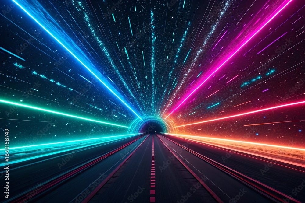 Obraz premium Abstract neon light tunnel with glowing lines and digital patterns