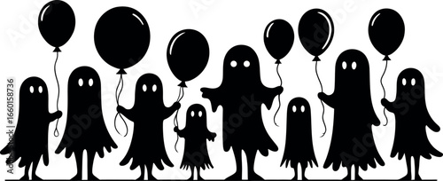 Group of silhouetted ghosts holding black balloons isolated on white background