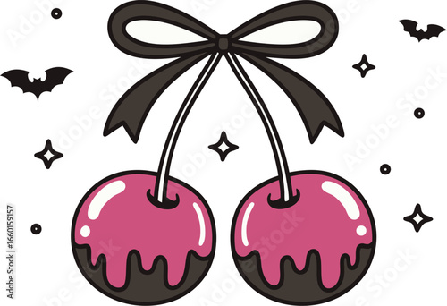 Cute goth cherries dipped in dark chocolate with a black bow and bats