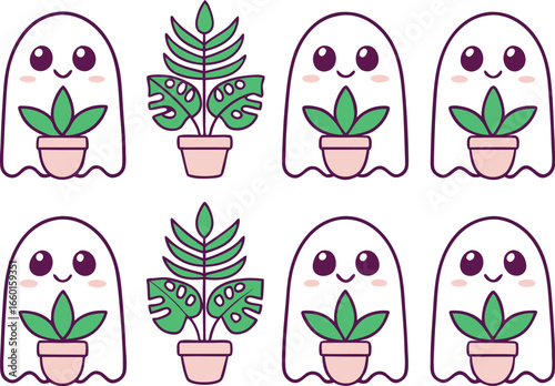 Cute cartoon ghosts holding potted houseplants in a playful and whimsical pattern