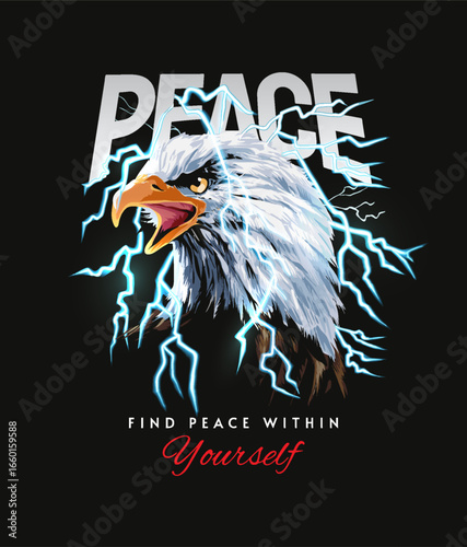 peace slogan with eagle head and lightning vector illustration created by hand drawn