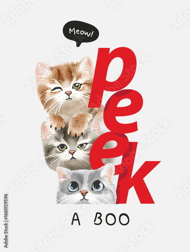 peek a boo slogan with cute kitten friends vector illustration created by hand drawn