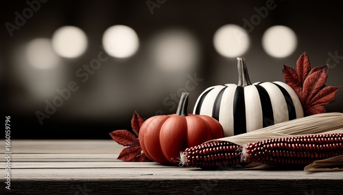 Autumn pumpkins and corn decoration on wooden table with bokeh lights