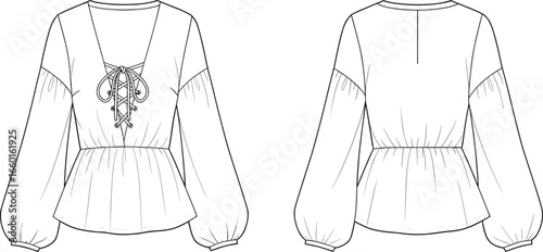 Cad drawing flat vector illustration of elegant blouse design with balloon sleeves, detailed floral embroidery, back zipper, chic peplum hem.