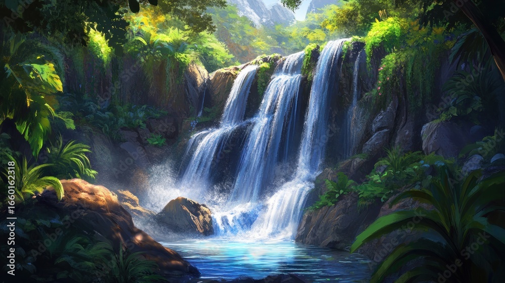 Obraz premium Scenic tropical waterfall cascading through lush jungle landscape with vibrant green vegetation