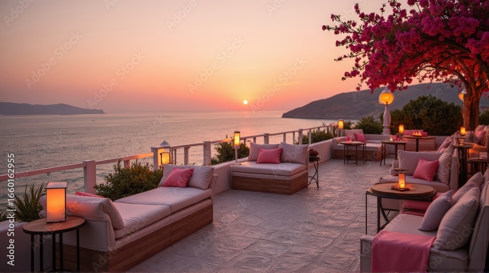 Fototapeta premium Outdoor Terrace Lounge with Pink Cushions and Cherry Blossom Tree at Sunset