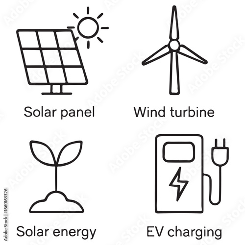 Renewable energy and low emission sustainable power system line icon set including solar, wind, hydrogen and EV charging. vector