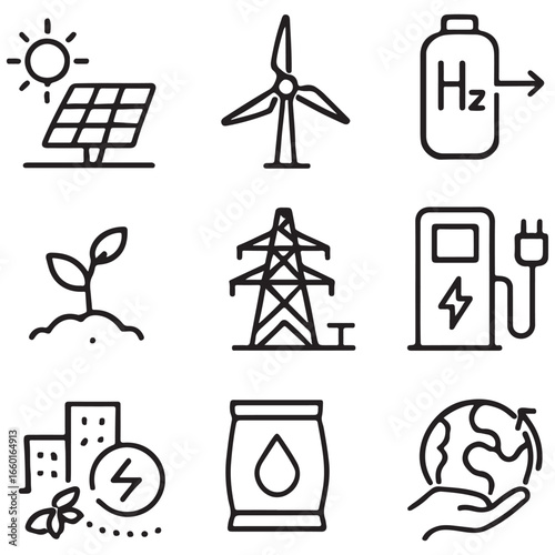 Renewable energy and low emission sustainable power system line icon set including solar, wind, hydrogen and EV charging. vector