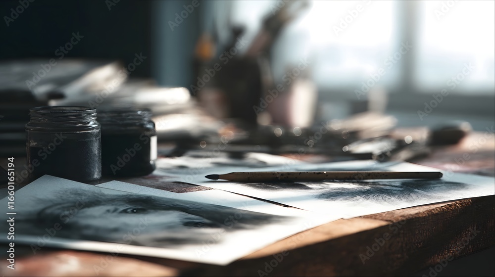 Obraz premium Creative s studio workspace with scattered sketches and tools