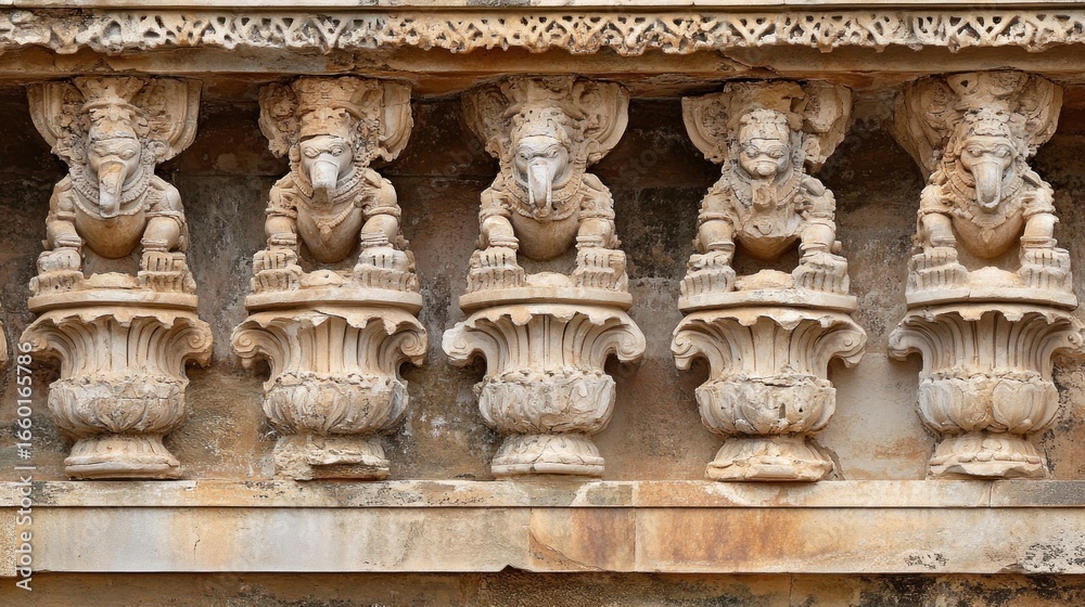 Fototapeta premium Ornate stone carvings of elephants and vases adorn a historical building facade