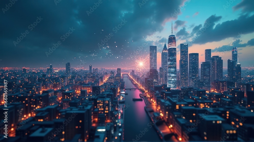 Fototapeta premium Dramatic Cityscape View with Tall Skyscrapers at Night and Dark Sky