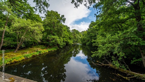 Tranquil River Scene Reflecting Sky and Lush Greenery in Natures Embrace.