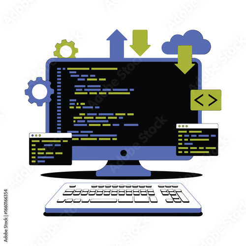 Computer screen displaying code with programming icons and data flow