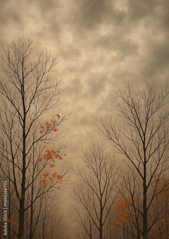 Obraz premium Serene autumn trees under clouds.